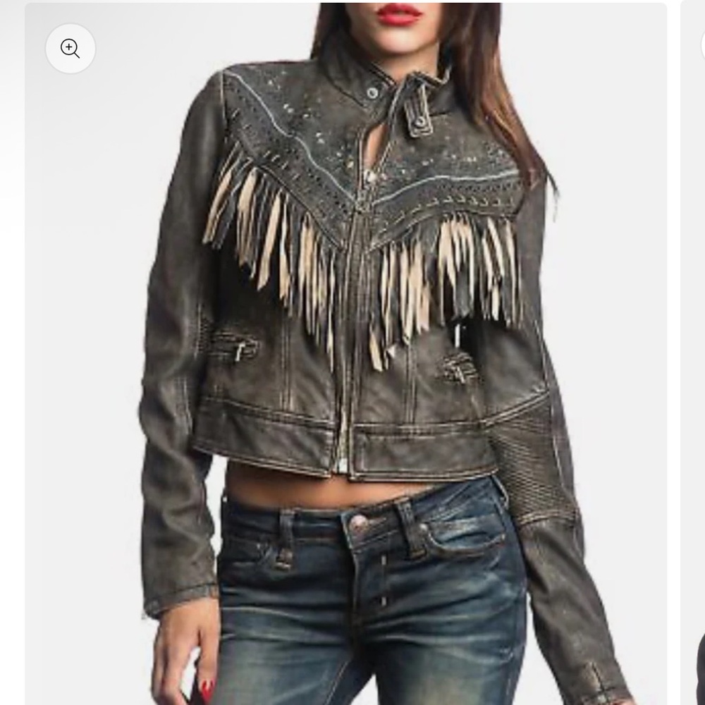 Affliction Black Leather Jacket with Fringe